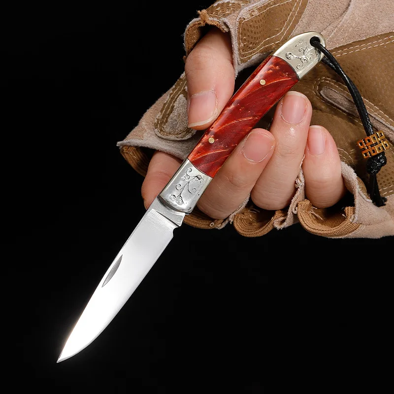 5CR15 Steel Folding Blade Knife Outdoor Camping Brass + Resin Handle Fruit Knife Survival Self Defense Tool With Leather Bag