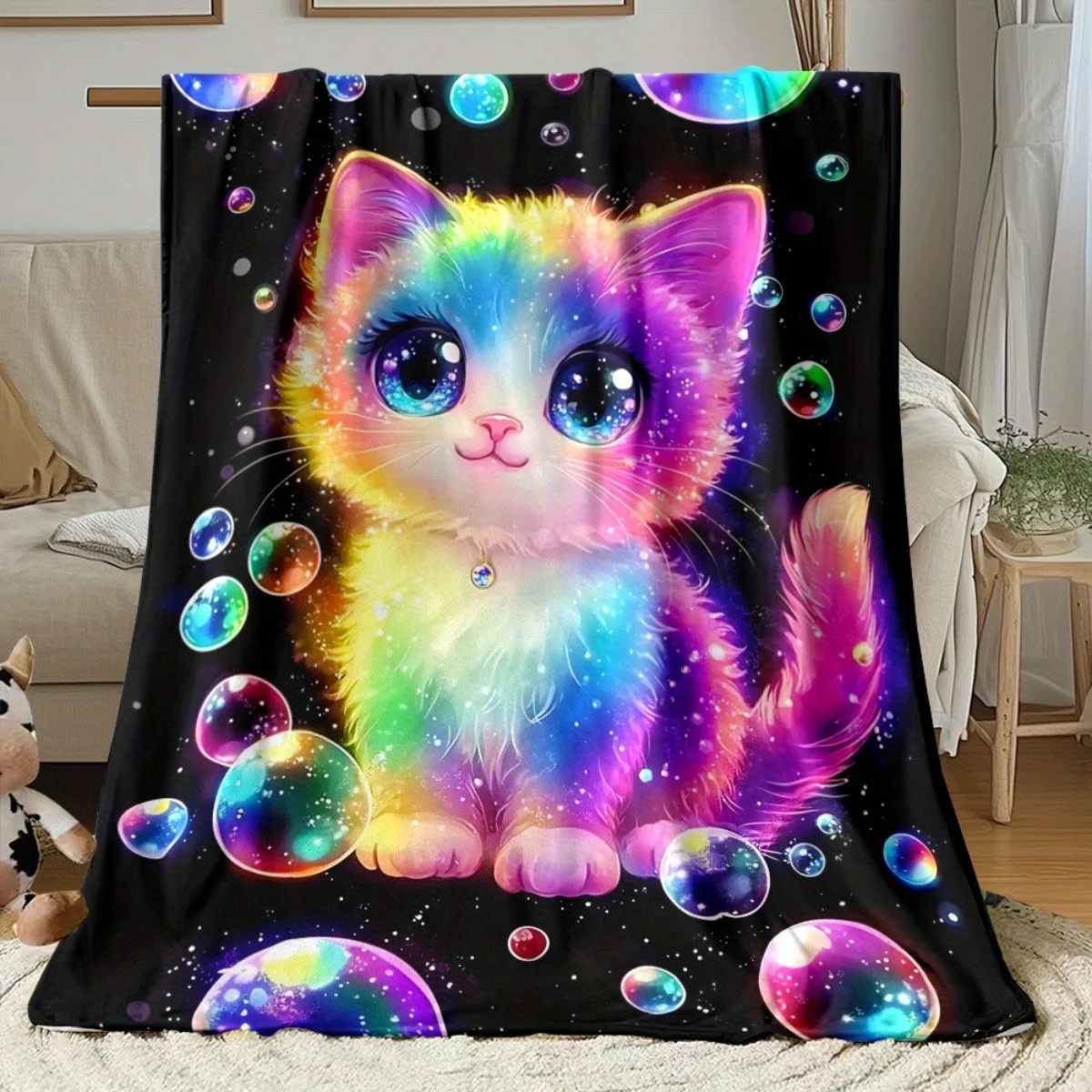Colorful Cat and Bubbles Print Blanket Lightweight Soft Warm All Season Couch Sofa Bed Throw Camping Travel Office