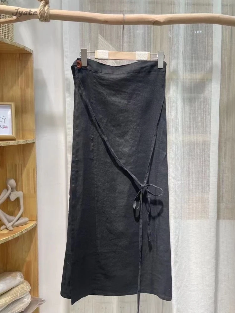 2024 New Lace-up Fashion Casual Vacation Holiday Women Summer Skirt Cotton Linen High Waist Simple Basic Straight Long Skirts