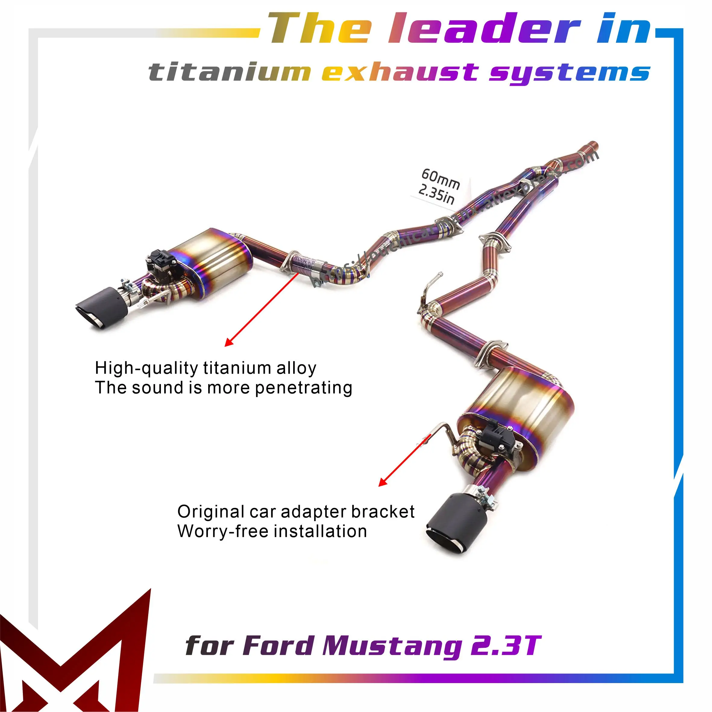

MANX Ti для Ford Mustang 2.3T Catback, увеличение диаметра трубы 60 мм, увеличенная конская мощность, электронный клапан, запеченный фиолетовый