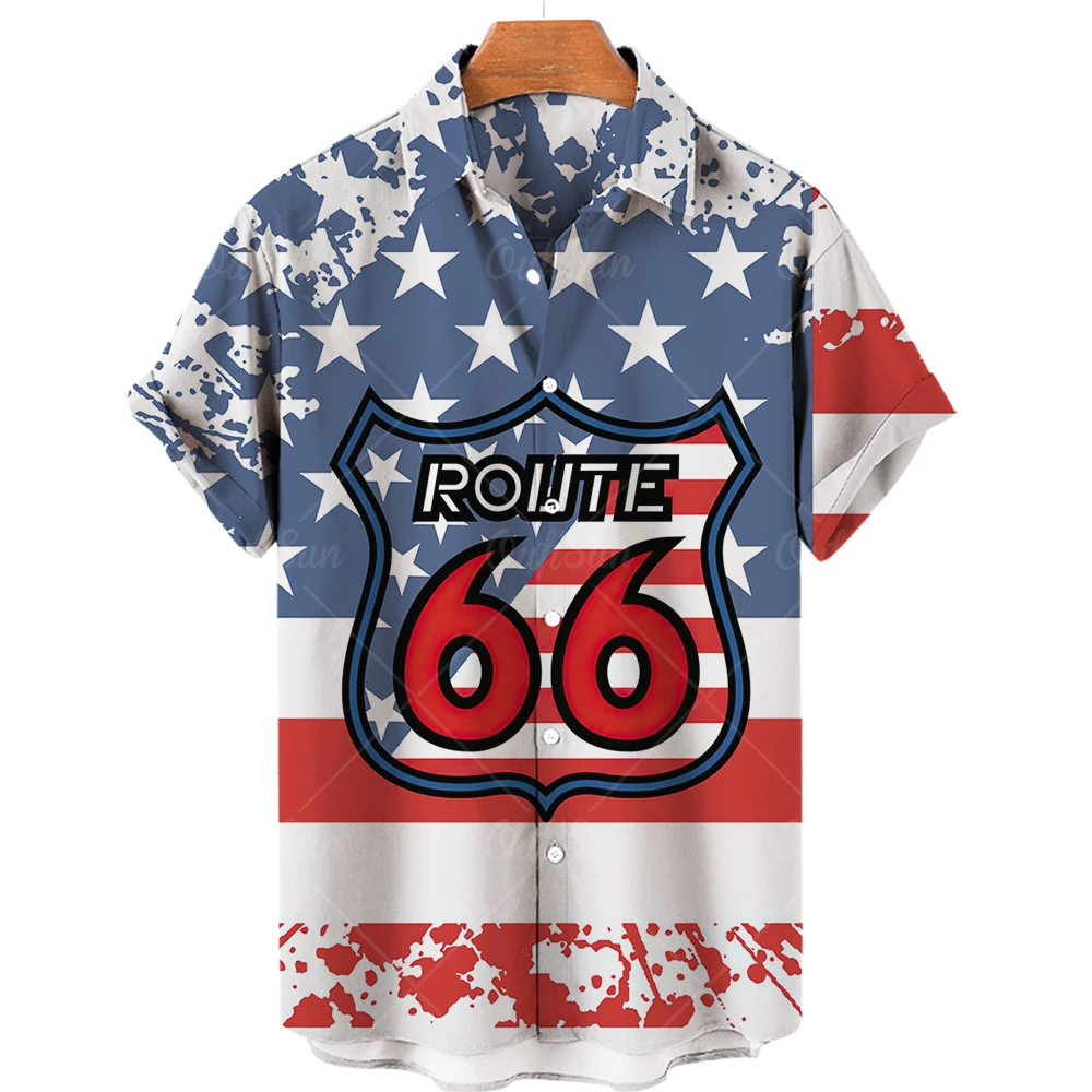 2022 Sommer route 66 Vintage Shirt amerikanische Flagge 3D-Druck Hawaii atmungsaktive Kurzarm Revers Männer