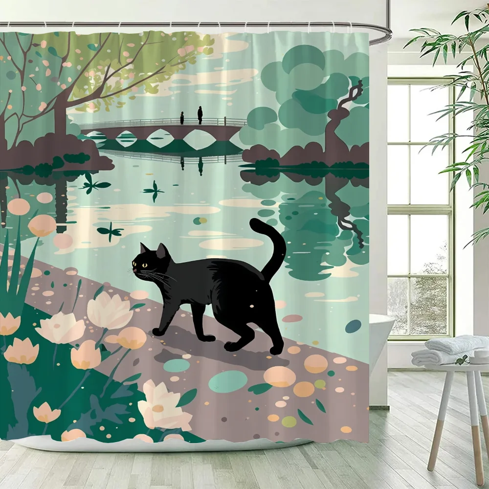 Black Cat Shower Curtains for Bathroom Showers Bath Folding Partition Curtain Accessories Bedrooms Waterproof Fabric Things the