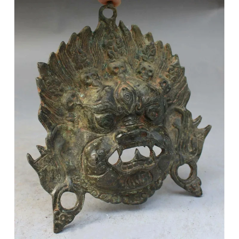 Chinese Tibetan Bronze Evil Spirits Mahakala Wrathful Deity Buddha Mask Statue