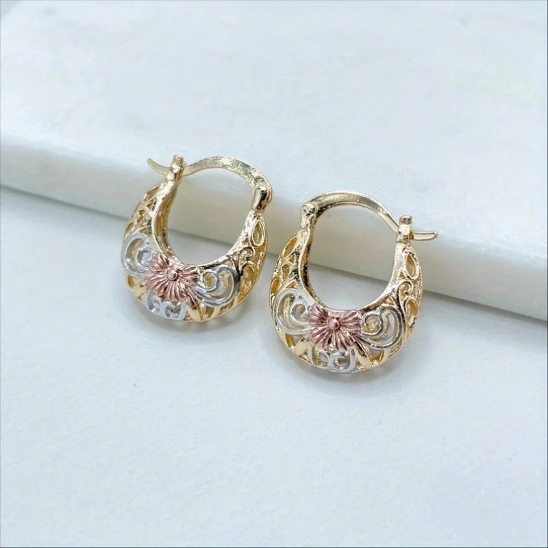 Vintage Exquisite Hand Carved Hollow Flower Basket Shaped Hoop Earrings for Women Elegant Banquet Festival Golden Plated Jewelry