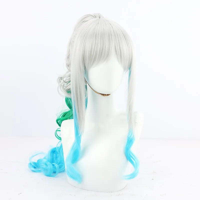 Anime Yamato Cosplay Peruca, Prata Azul Verde Misto Rabo De Cavalo, Fato De Halloween, Perucas De Festa, Boné Grátis, 70cm de comprimento