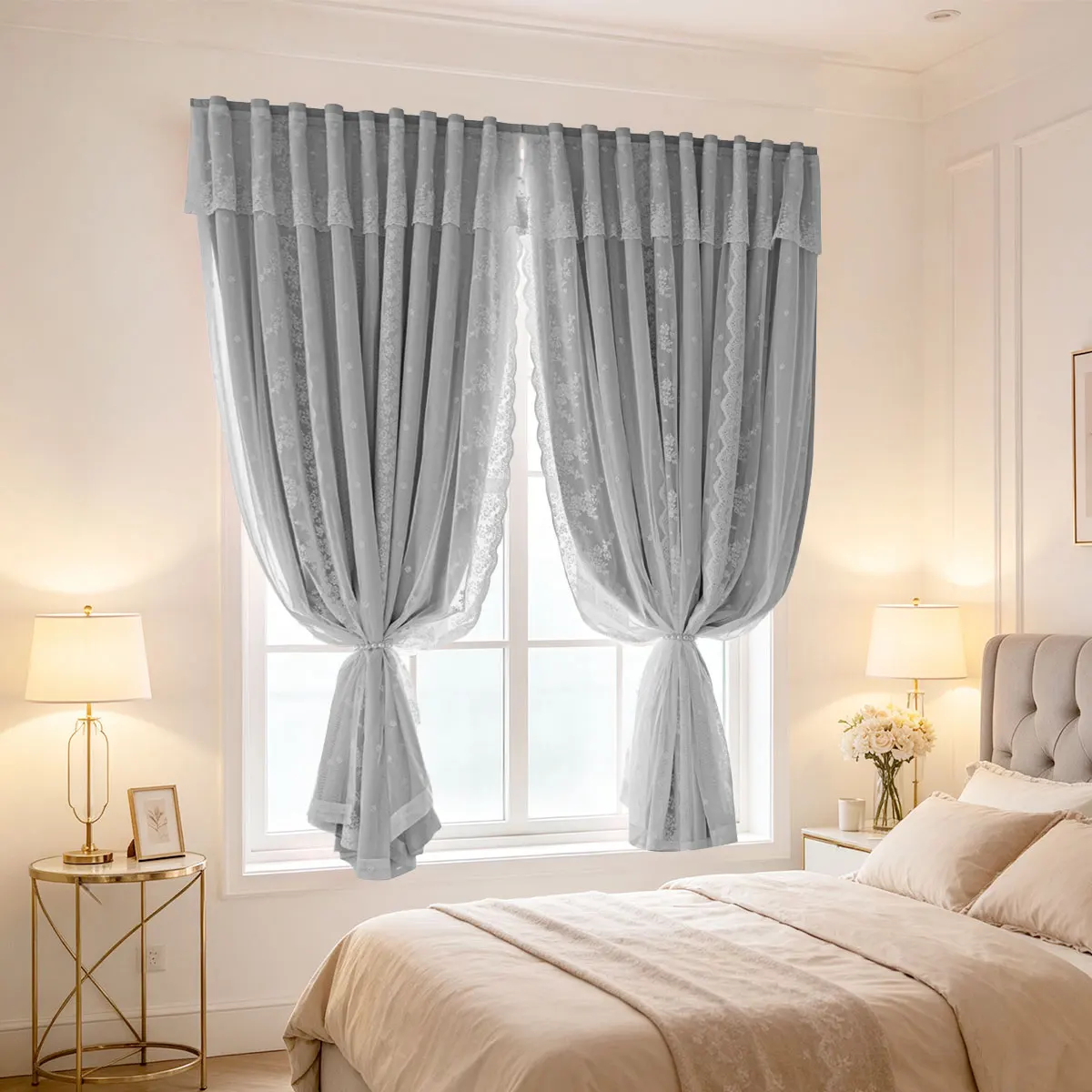 Grey Double‑Layer Lace Curtain with Valance, No‑Drill Magic Tape, 2‑in‑1 for Bedroom Living Room, 2 Panels