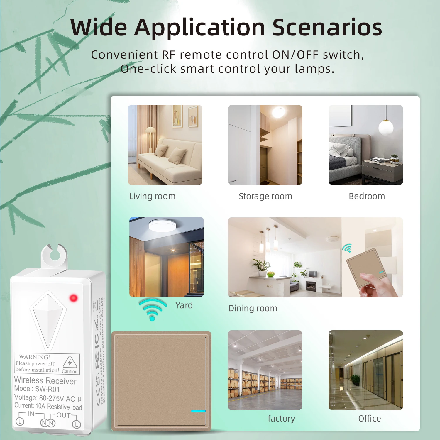 Home Decoration Remote Switch 1 Set IP66 1000W Light Emitting Diode Control & RF433 10A Restaurant Wireless Light Switch