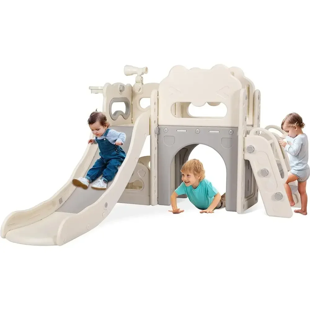 

L-Shaped Toddler Slide with Enclosed Steps, Climber, Tele, Basketball Hoop, and Tunnel - Indoor/Outdoor Playset (White & Gray)