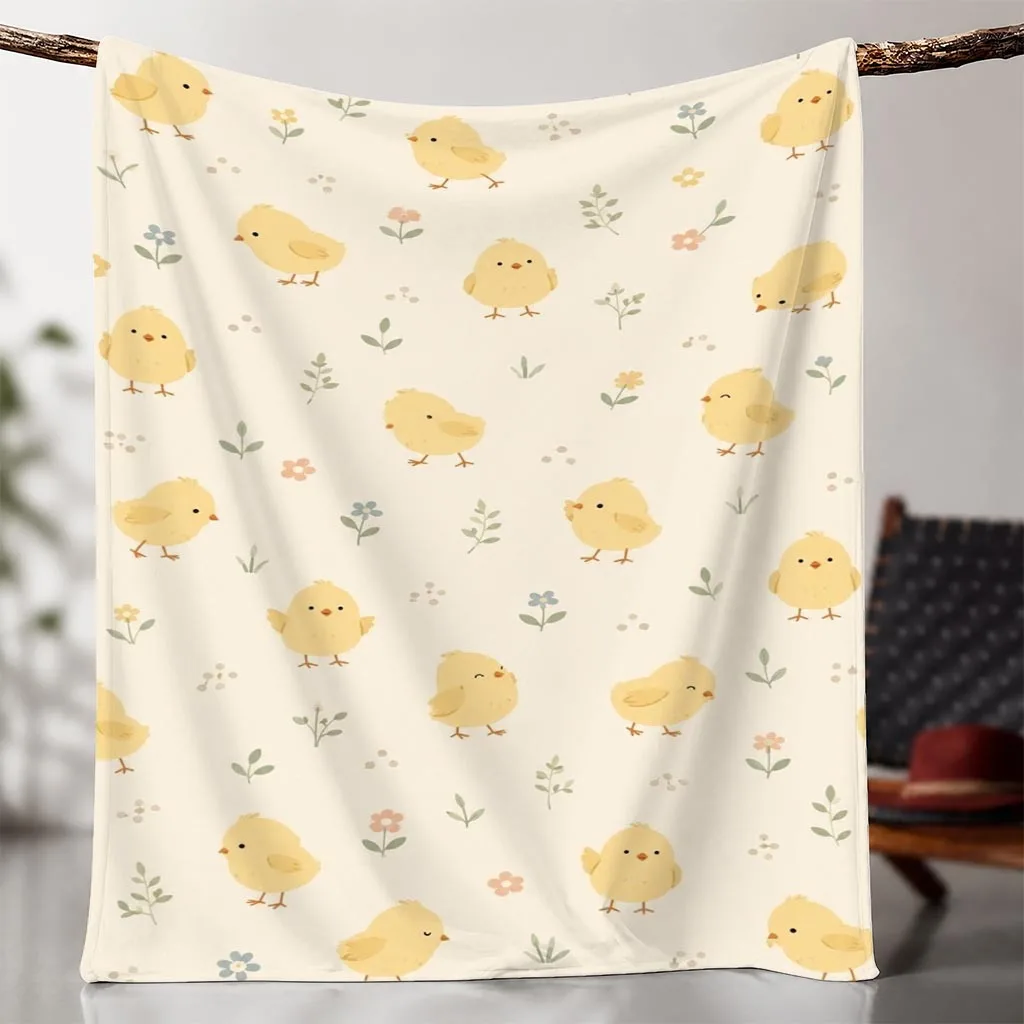 An Adorable Little Yellow Chick Floral Print Flannel Blanket, a Soft, Comfortable, and Lightweight Flannel Shawl, Suitable for H