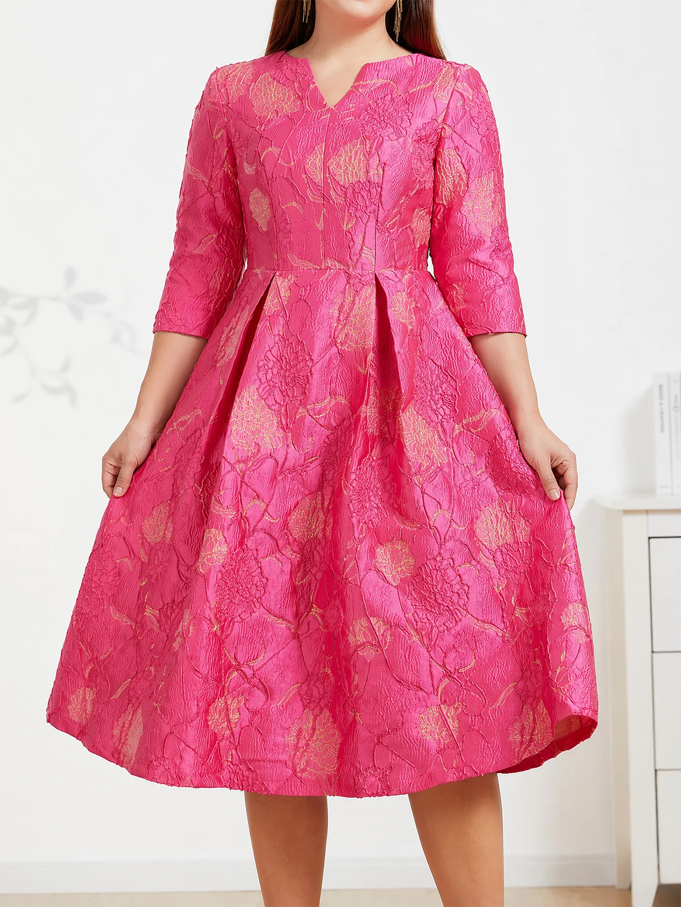 DEVCHATA Plus Size Luxury Jacquard Women's V-Neck Cocktail Dress Elegant Party Dress