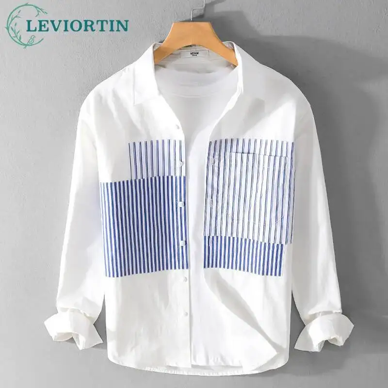 

2025 Spring and Autumn Men's High End Vertical Stripe Shirt Design, niche long sleeved patchwork trendy brand casual shirt
