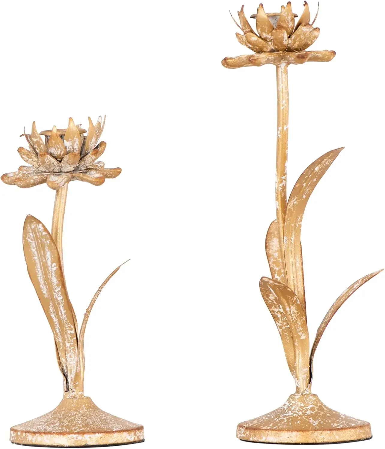 

Distressed Gold Metal Flower Taper Candle Holder Set of 2 Sizes for Home Decor