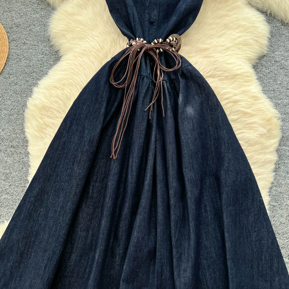 Chic vintage scollo a V senza maniche increspato sottile elegante fata moda coreana Boho vestito estivo abbigliamento donna Abito lungo