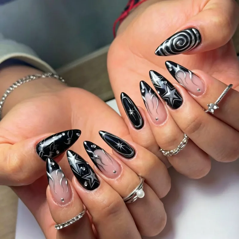 New Halloween Almond Press On Nails, Dark Tone French Gilded Star With Handmade Inlaid Rhinestone Fashion Nail Art Tips