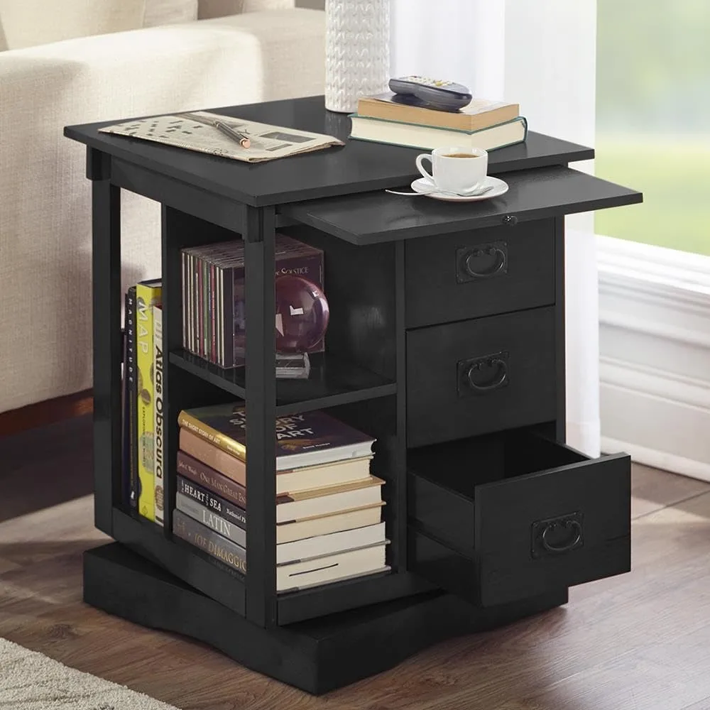 

Rotating End Table - Black, Rotates 360 Degrees, Built-in Bookshelf, Built-in Magazine Rack, Pull-Out Tray, 3 Drawers, Engineer
