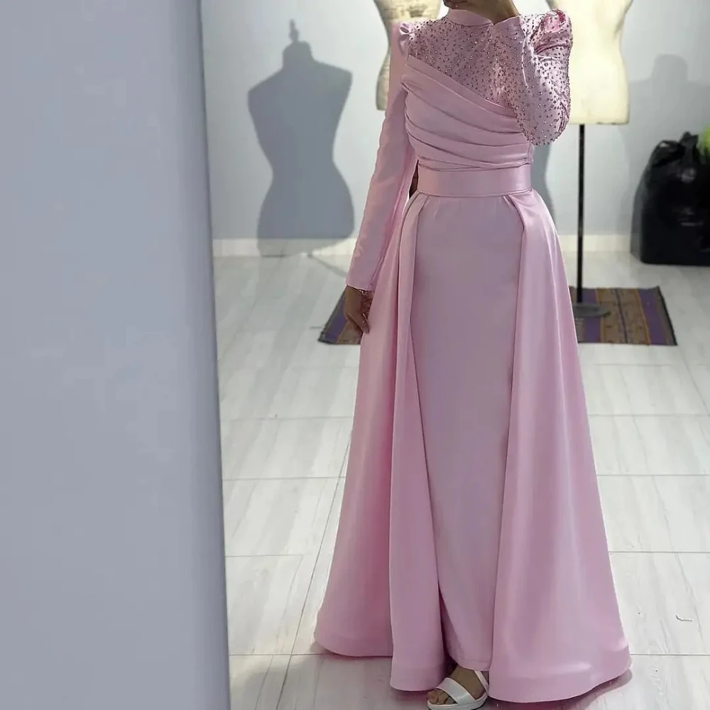 

Saudi Pink Prom Dresses High Neck Long Sleevs Beadings Satin Mermaid Pleated Ankle Length Formal Party Dresses Customized