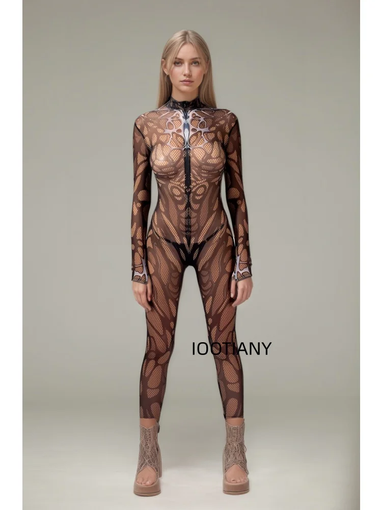 Luxuriöser Goldener Spiralblumen-Galaxie-Print Mesh-Bodysuit für Damen Sexy Cosplay Catsuit Rave Club Nachtclub Festival Mode-Jumpsuit – Detail 8