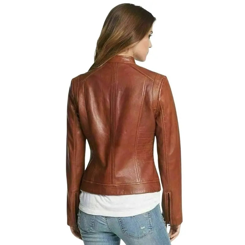 Biker Motorcycle Stylish Women Genuine Lambskin Leather Jacket Slim Fit Coat