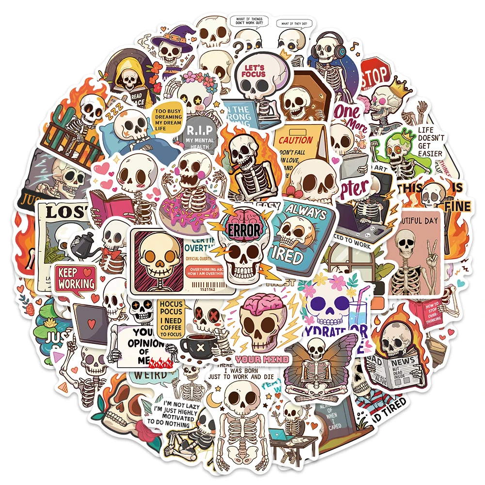 50 autocollants amusants de dessin animé Squelette Savant Graffiti pour coque de téléphone, ordinateur portable, tasse, carte postale, haut-parleur
