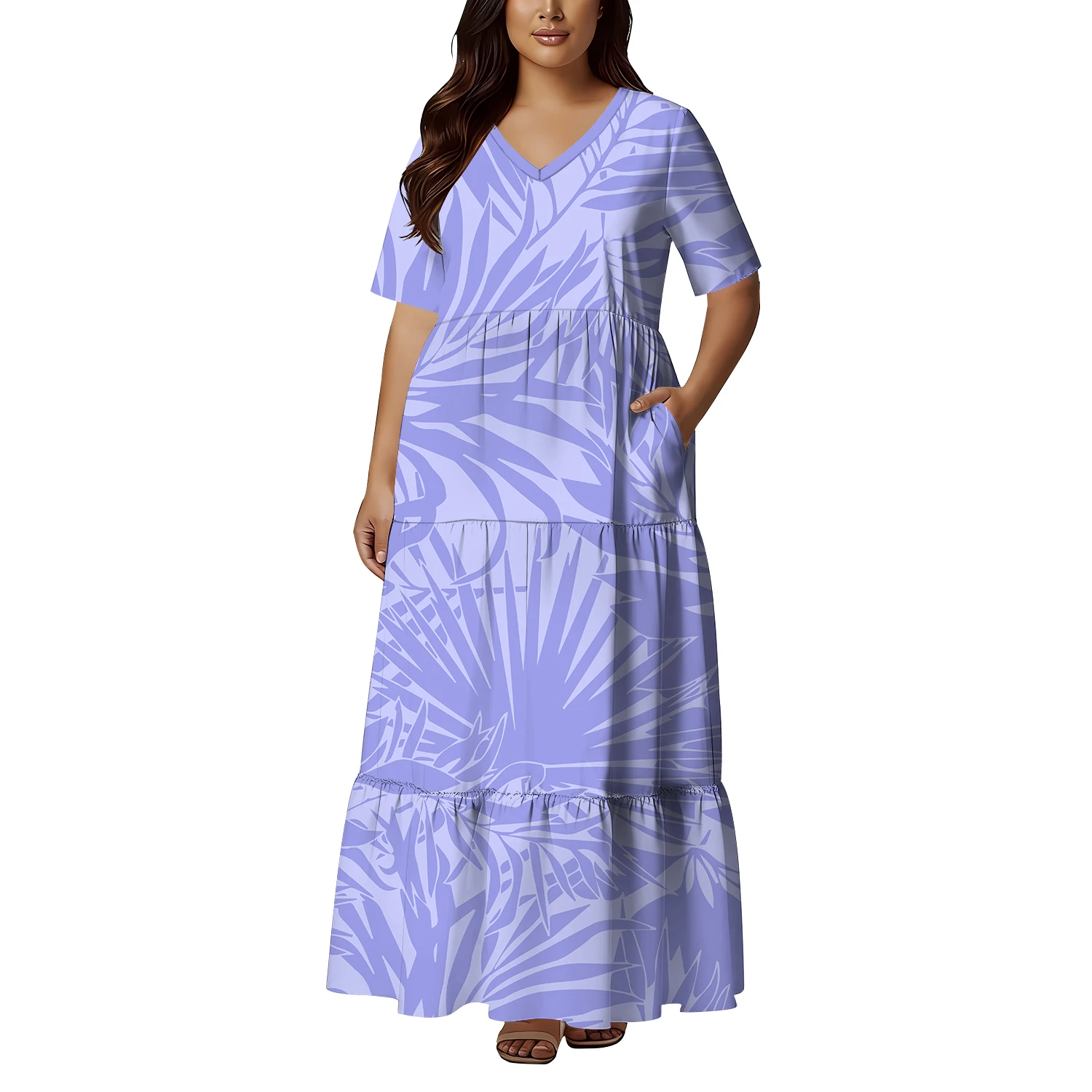 Pocket Design Elegant Long Dress For Women Polynesian Island Tribal Design V-Neck Cinched Waist Loose Casual Custom Dress