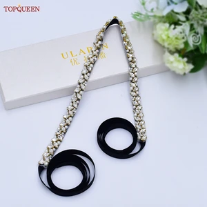 Topqueen cintos e faixas artesanais de casamento, cintos com contas para vestidos de pérola e strass prata dourado sfio para casamento 8 principais vendas cinto com miçangas - №8