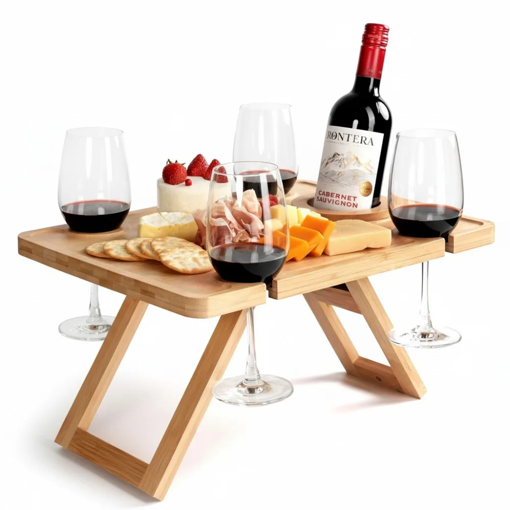 

Folding Wine Picnic Table with Glass Holder, Bamboo Snack Tray for Outdoor & Indoor Use, Includes Mat & Bag