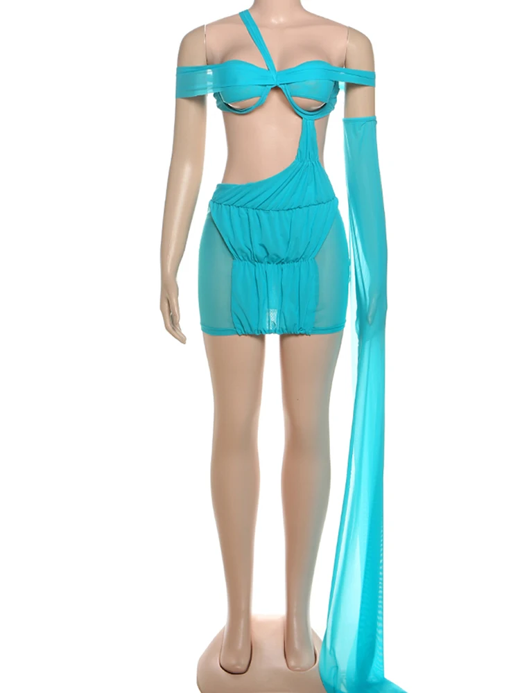 Sisterlinda Durchsichtiges 2-teiliges Set für Damen, sexy, hohle Schulter, aus Falten, Verbandkleid + lange Schlitzärmel, Strandparty-Anzüge