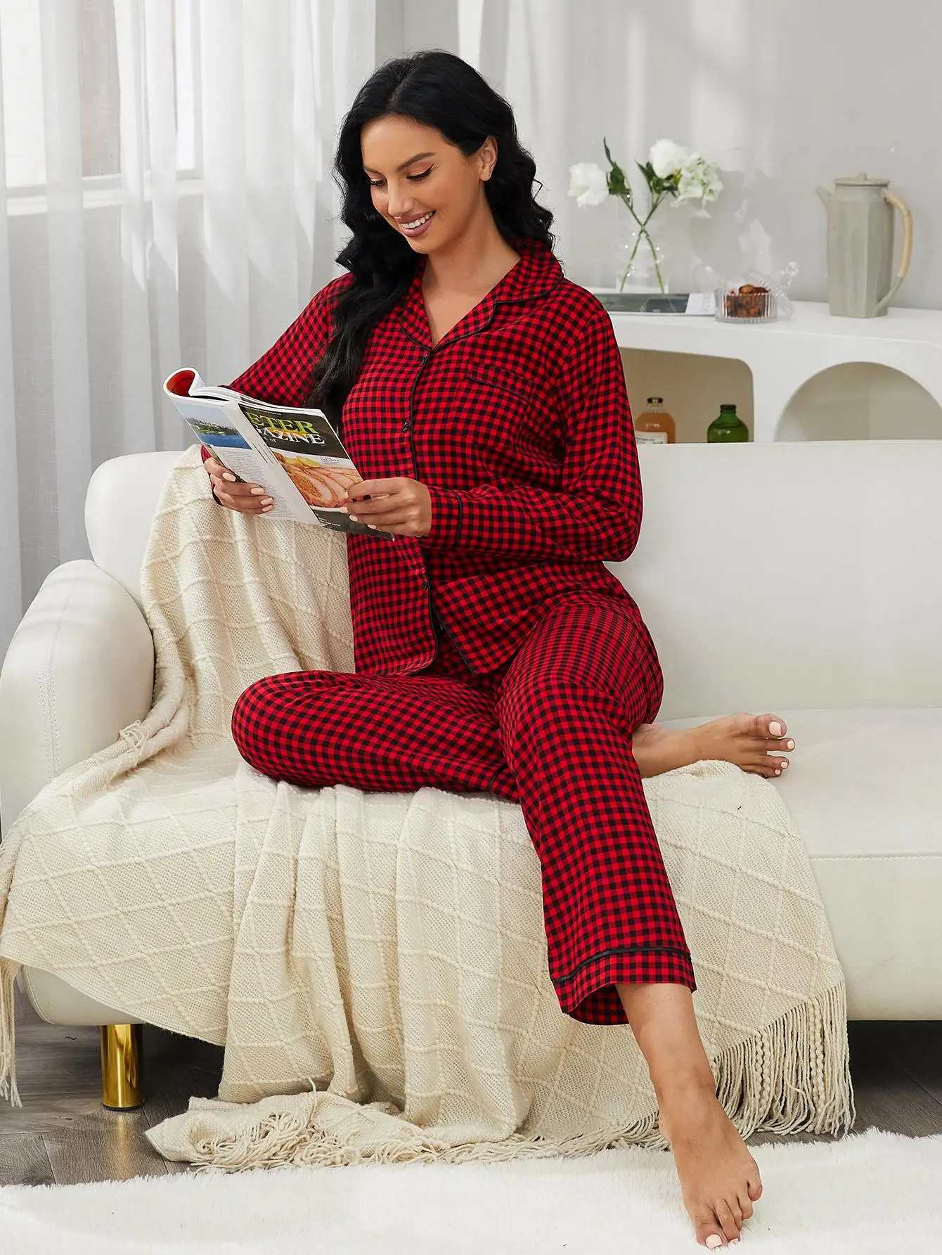 Long Sleeves Women\'s Pajamas Sets Notched Collar Front Button Top & Plaid Long Pants 2 Pieces Sleepwear Homewear Nightwear Suit