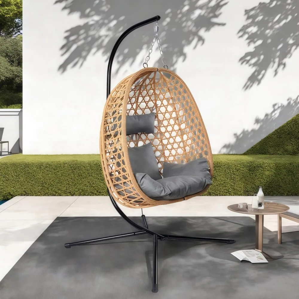 LHBCraft Sedia a uovo sospesa con supporto, sedia a dondolo in vimini da patio, stile amaca con capacità di 350 libbre per camera da letto, balcone o giardino