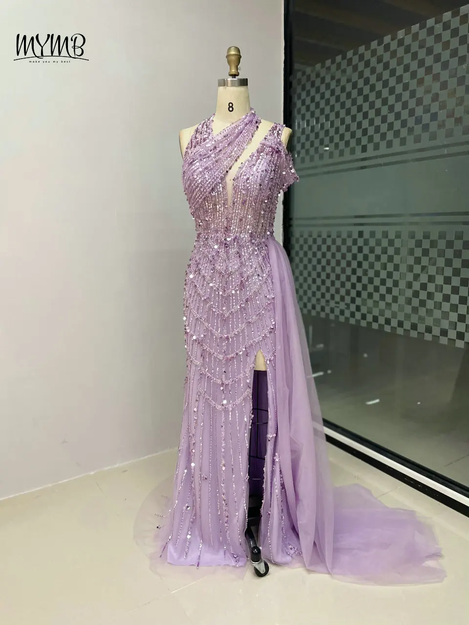 MYMB Lila Rosa Neckholder Meerjungfrau Split Arabische Abendkleider für Frauen Promi Wunderschönes Perlen Schulterfreies Hochzeitskleid – Detail 14