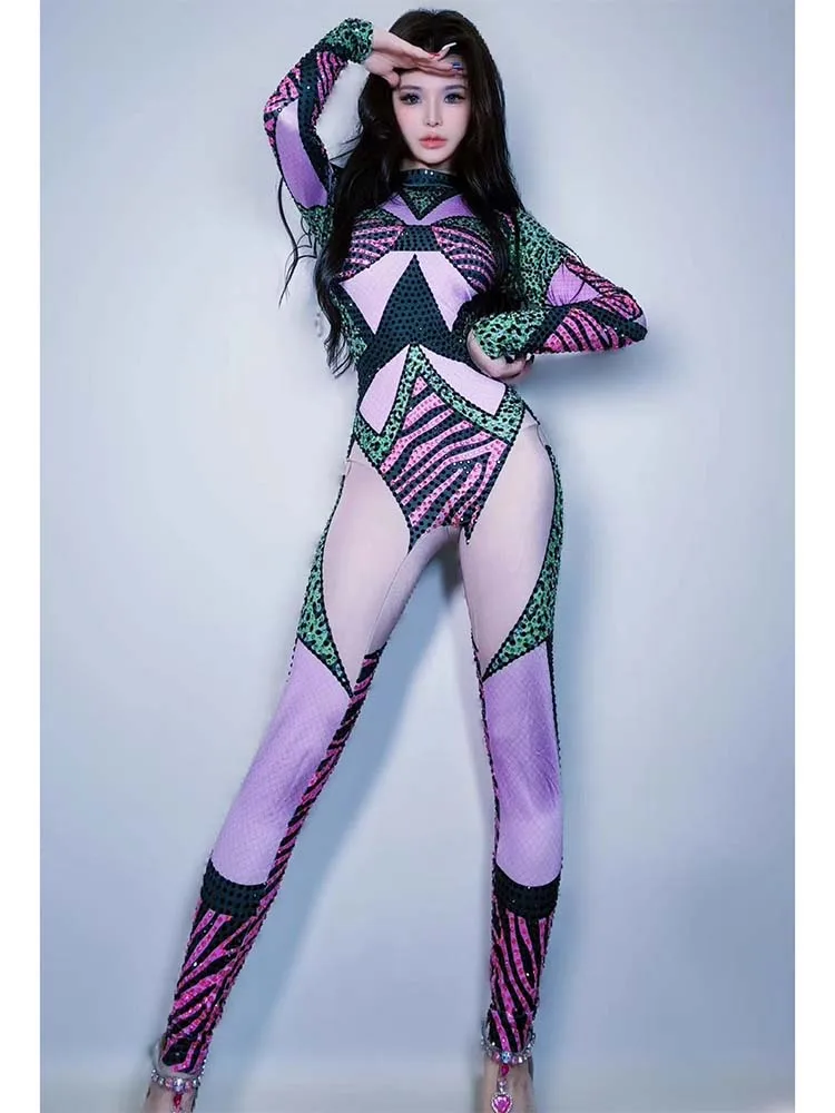 High Quality Rhinestone Elastic Color Blocked Jumpsuit 2025 New Fashion Custom Women'S Clothing