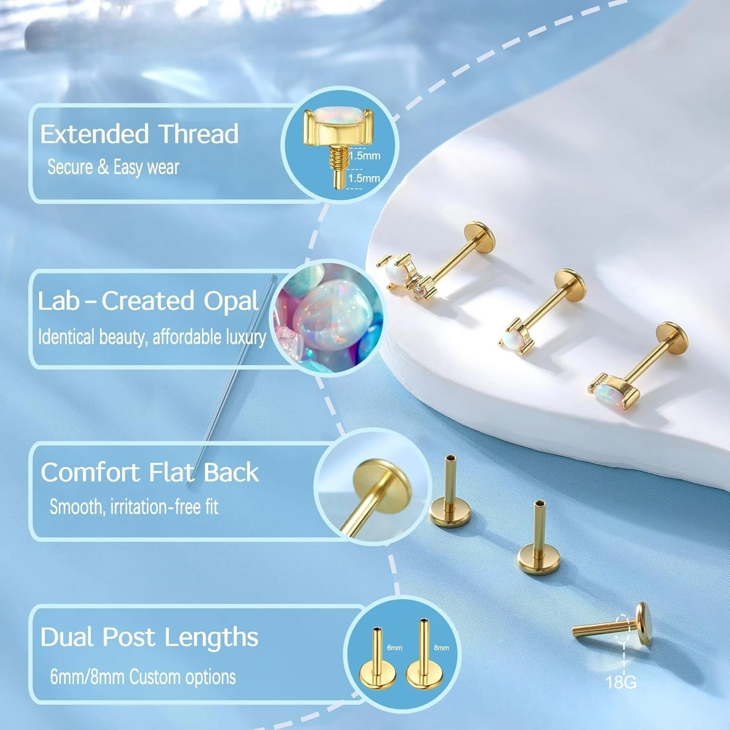 Florideco 3Pcs G23 Titanium Flat Back Earrings Studs 14K Gold Plated Opal Cartilage Helix Piercing Jewelry for Women Men 18G