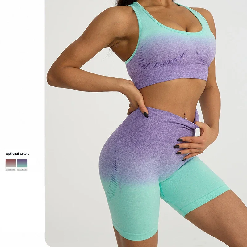 

2025 Summer Women's New Style Women's Sexy Trend Gradient Three Part Yoga Shorts Tight Hip Lifting Fitness Running Set