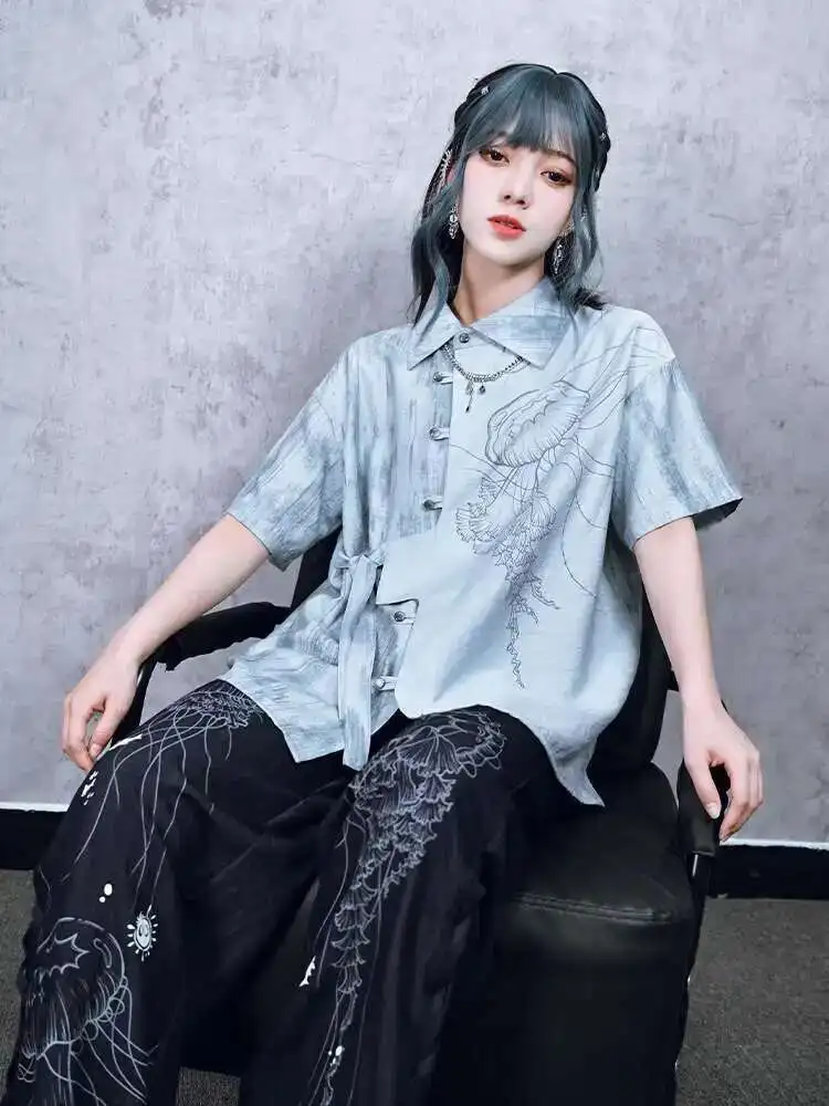 

New Chinese Style National Style Han Elements Asymmetric Shirt Womens fashion T-shirt Sense Of Design Water Blue Guofeng Shirt