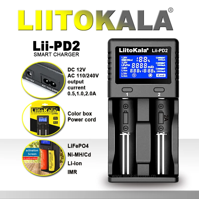 LiitoKala Lii-PD2/PD4 Li-ion 3.7V NiMH 1.2V Li-FePO4 3.2V IMR 3.8V For 18650 26650 21700 26700 18350 AA AAA Battery Charger