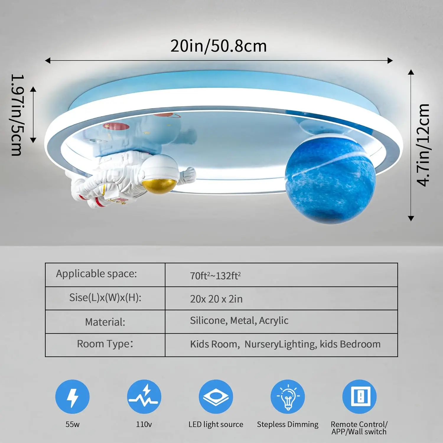 Luz de Teto Astronauta Regulável com Controle Remoto, Luminária LED de 20 polegadas para Quarto Infantil, Cozinha e Berçário