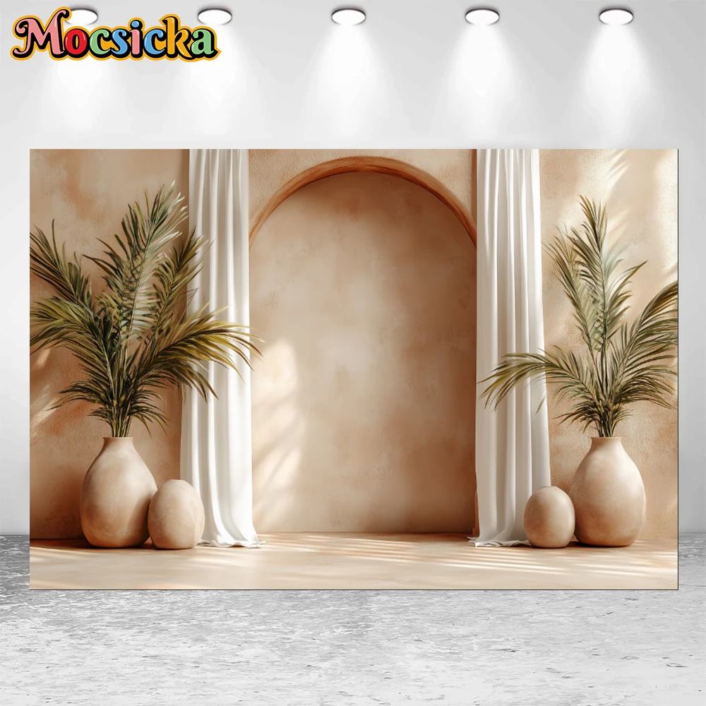 Mocsicka Pink Wall Arch White Curtains Floral Floor Vase Surreal Minimalist Octane Render 3D Lighting Photography Background