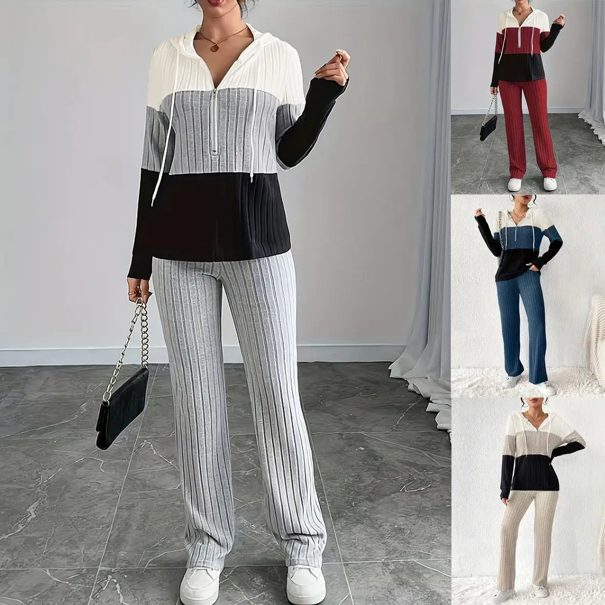 

Women's Knitted Long Sweater Suit Hooded Sweatshirt Casual Style Winter Fashion Set Long Pants Pure Color Splice Design