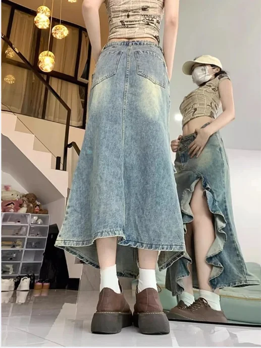Dames Onregelmatige Ruche Rand Enkellange Denim Rok Cool Girl Vintage Mode Zomer Vrouwelijke Street Style A-lijn Grote Rokken