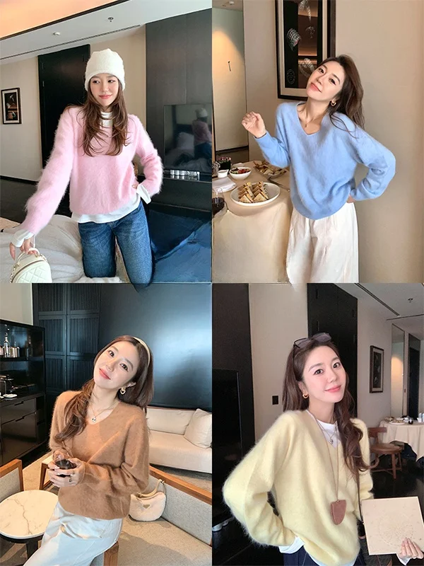 

Lu Camere Knitted Sweater Lazy Sle Vintage Money Baggy Long Sve Soft Candy Color V-Ne Warm Casual Women's Top