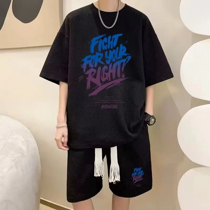 Men Sports Short Suits Trendy Tracksuit Hip Hop Rock Casual Short Suit Cool Printed T shirts Shorts 2 Piece Set  Men 2024 New