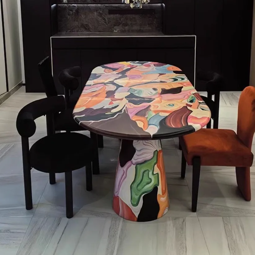 #Fiberglass Dining and Coffee Tables: Hand-painted Tables in an Oil Painting Style, Perfect for Living Rooms and Art Galleries