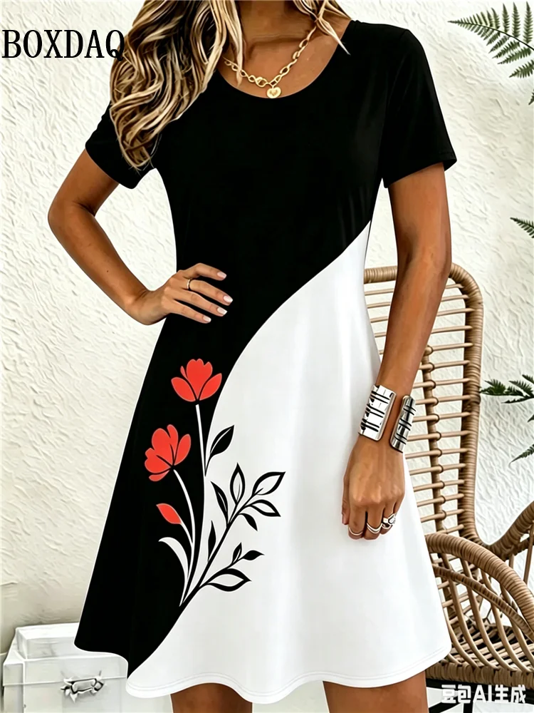 Sundress Black White Contrast Color Flowes Print Dresses For Women 2026 Summer Clothing Plus Size Short Sleeve Loose Short Dress
