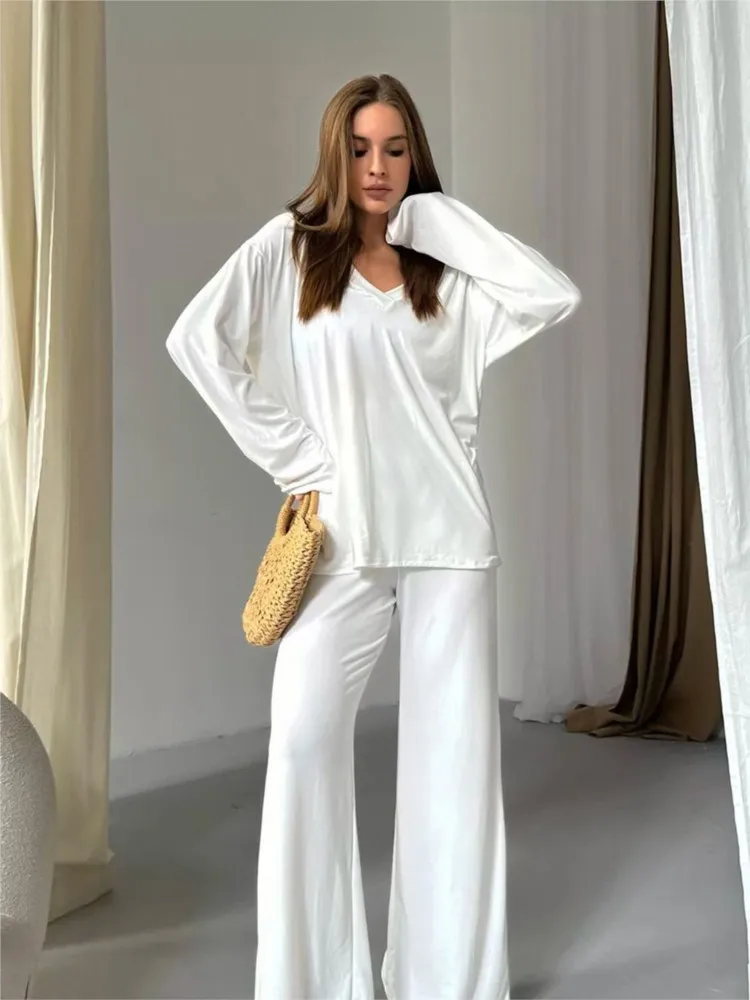 Casual Homewear Women Suit Loose V-neck Basic T-shirt Long Trouser Two Piece Set Long Sleeve Tees Simple Pajamas Sleep Outfits