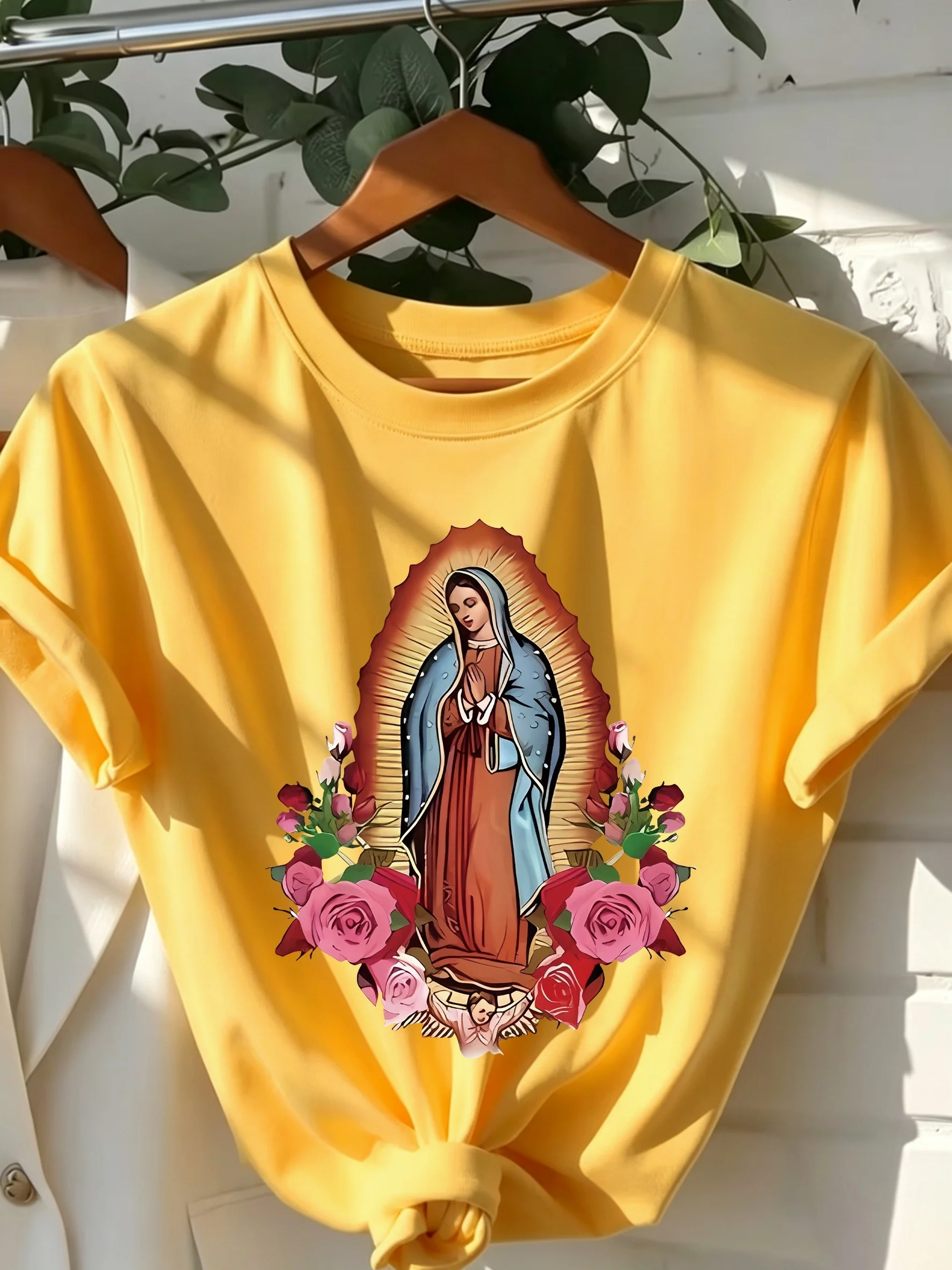 Ladies' Pink Virgin Mary Pattern T-Shirt Short-Sleeved Casual Top with Floral Print Machine Washable Suitable for All Seasons