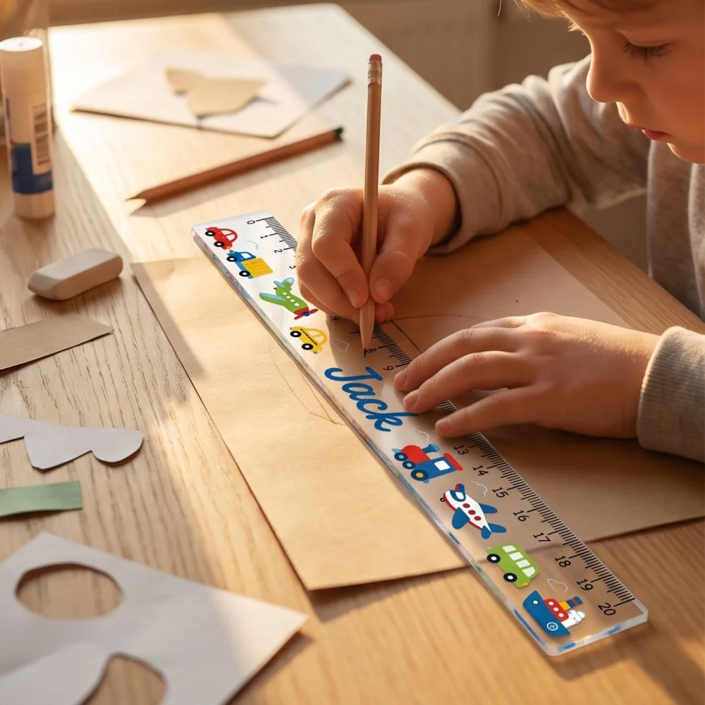 Personalized Name Acrylic Ruler,Car Train Plane Truck Transportation Clear Straight Ruler,Custom Back to School Stationery Gift