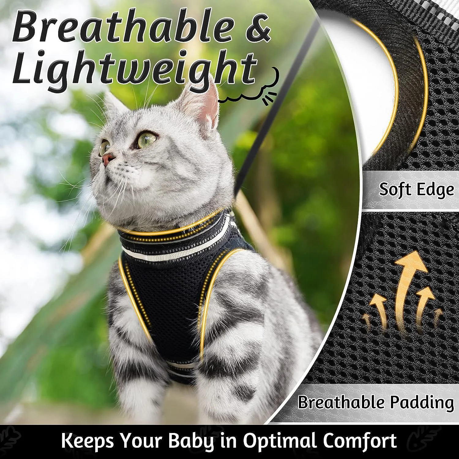 Cat Harness and Leash Set for Walking Escape Proof, Adjustable Soft Kittens Vest with Reflective Strip for Cats, Comfortable Out