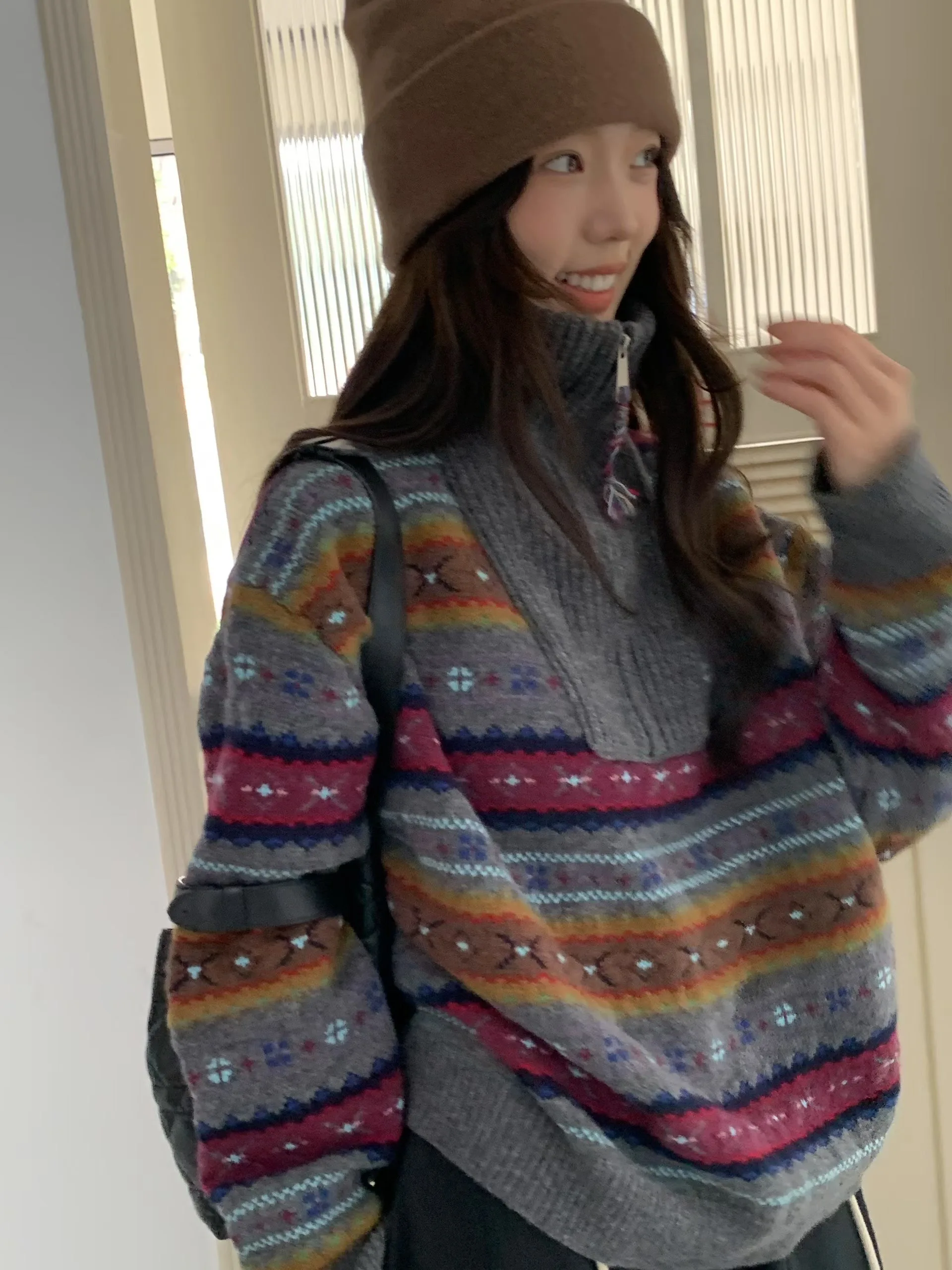 

Chic Winter High Ne f Zip Fair Isle Knit Sweater Long Sve Soft Cozy Women's Faion Commute Sle Pure E-commerce Ss