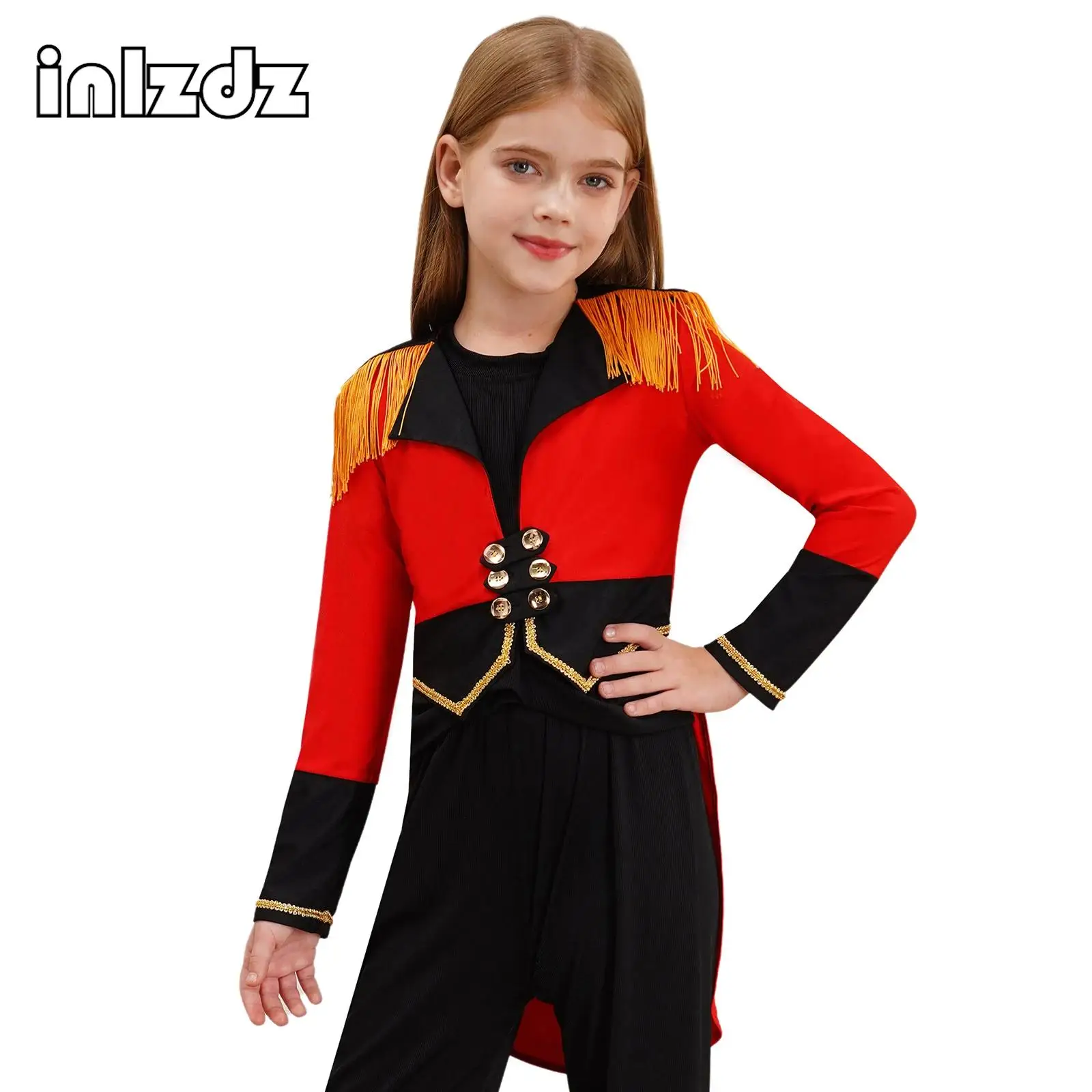 Kids Girl Circus Ringmaster Jacket Tailcoat Showman Roleplay Costume Long Sleeves Tassel Buttons Performance Coat Fancy Dress Up