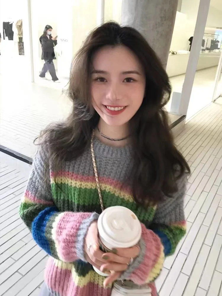 니트웨어 캐주얼 O넥 니트 스웨터 여성 풀오버 신상 긴팔 스트라이프 니트 스웨터 풀오버 여성 탑스 스웨터 Q2570